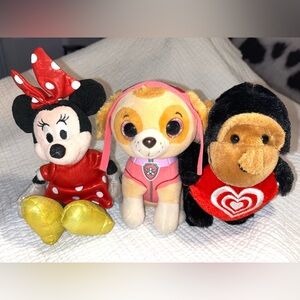 Lot Soft Toys : Mini Mouse 9” Paw Patrol 6” No Tag, Black Monkey 7” Tall. 3+old